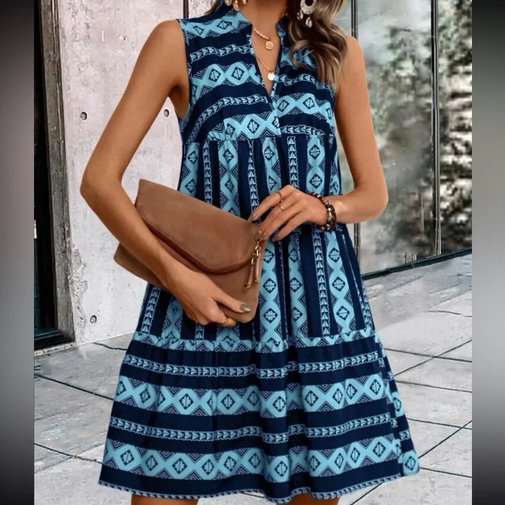 Boho Geometric Abstract Print Sleeveless Collar Dress - Picture 3 of 12